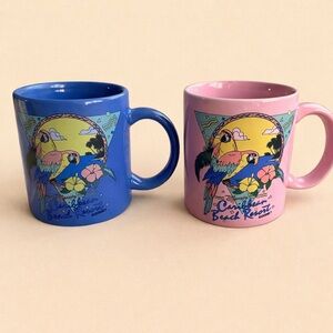 90’s Vintage Disney mugs Caribbean beach resort pink and blue parrots flowers